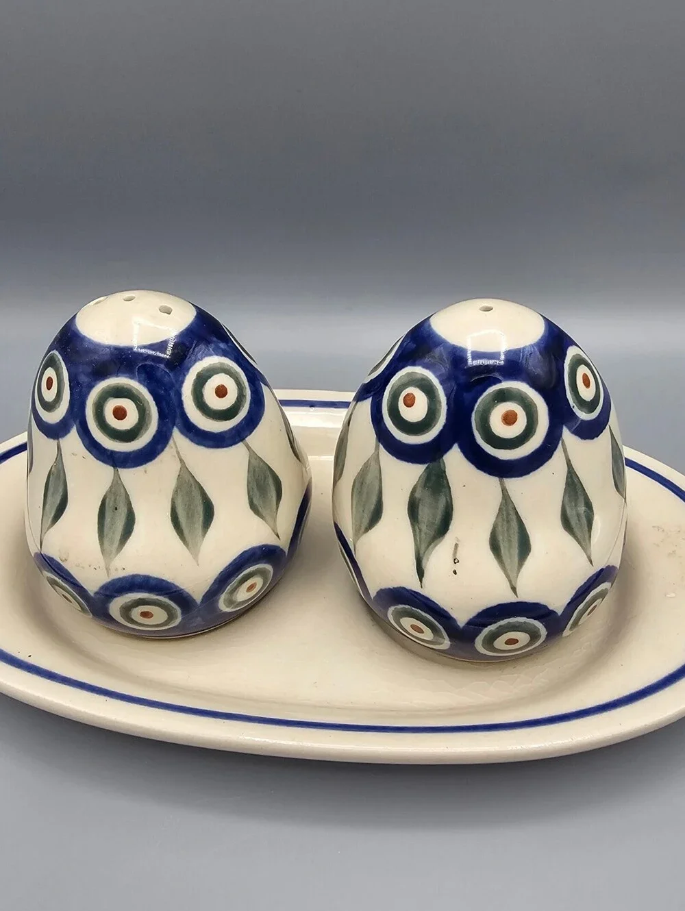 Hand-Painted Ceramic Salt and Pepper Shakers with Matching Tray